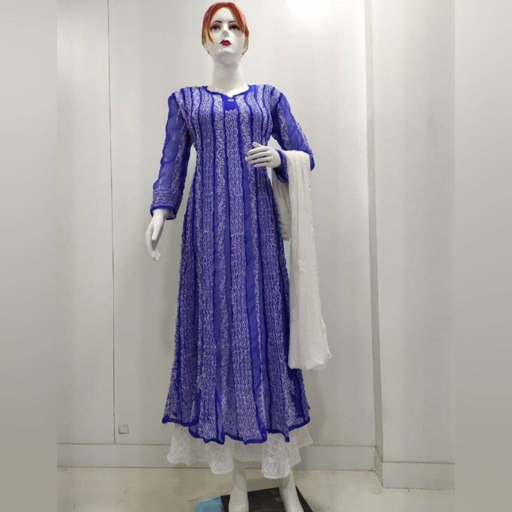 Elegant Blue Kurta and White palazzo with White Dupatta